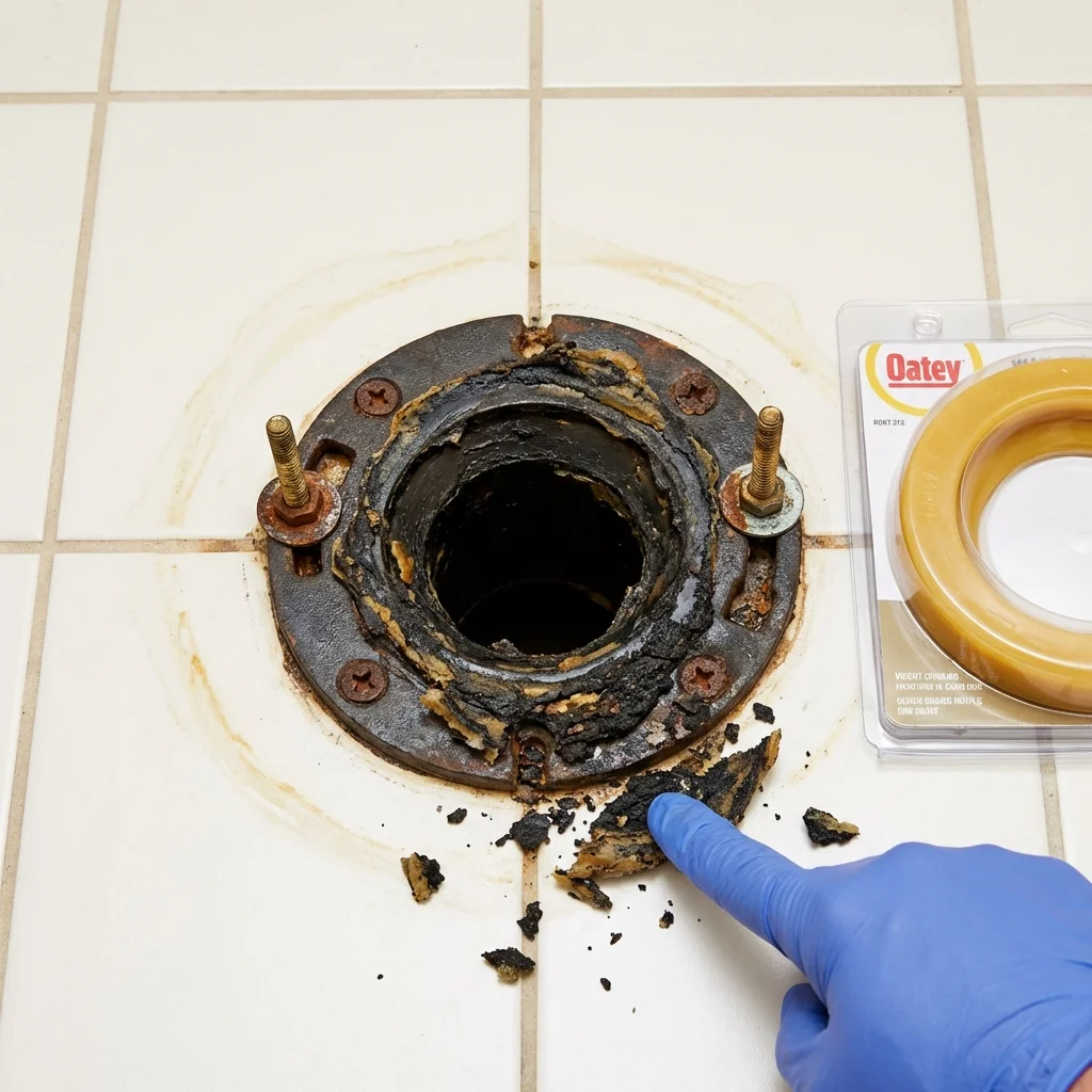 Failed wax ring showing water seepage at the base of a toilet in a Goshen, IN home