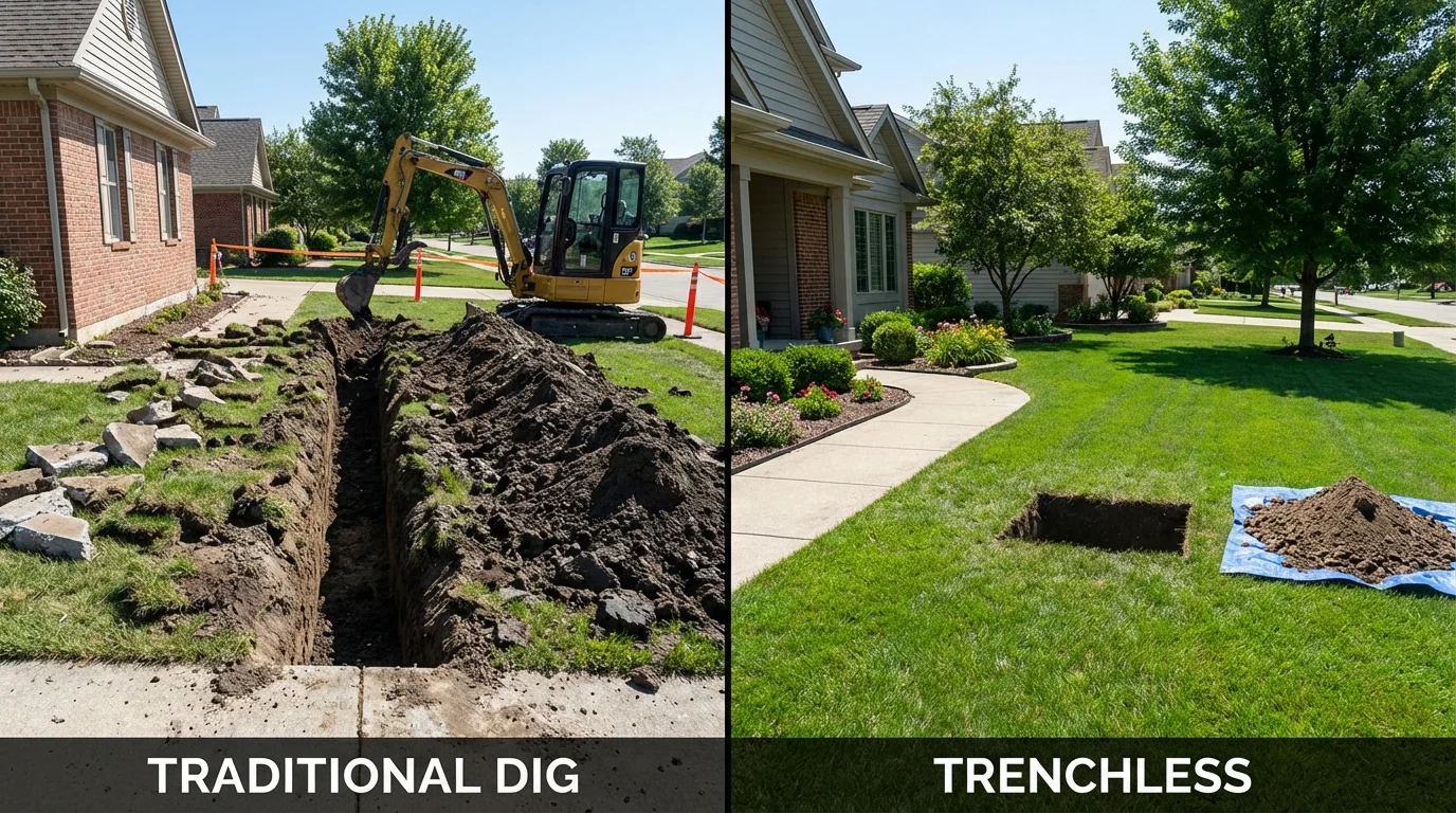 Trenchless sewer repair with minimal yard damage versus traditional excavation in Goshen, IN