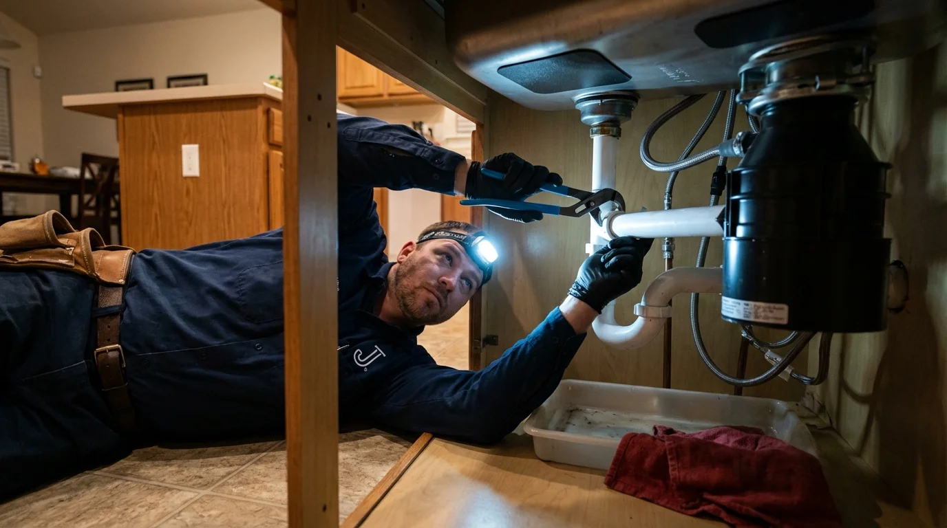 P-trap and supply line connections under a kitchen sink showing a common leak point in Goshen, IN